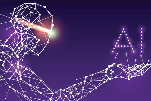 Wireframe human figure composed of glowing white network lines and nodes, facing right and extending the right hand forward. From the hand a stylised cluster of dots forms the letters “AI”. The figure’s eye area emits a bright orange beam of light. The background is a deep purple gradient.