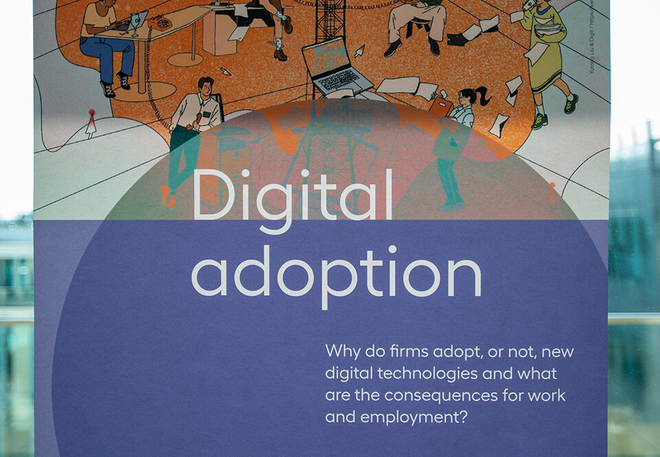 Poster for the ESRC Centre for Digital Futures at Work (Digit) featuring an illustrated scene of people using digital devices connected by a network tower. The text reads “Digital adoption – Why do firms adopt, or not, new digital technologies and what are the consequences for work and employment?” with contact details for Prof. Mark Stuart and Prof. Danat Valizade.