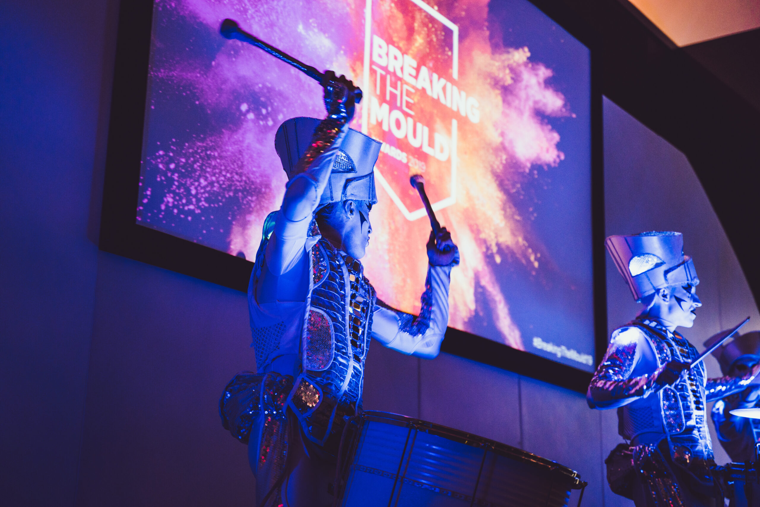 Opening performance by futuristic drummers at Keele’s Breaking the Mould Awards event.